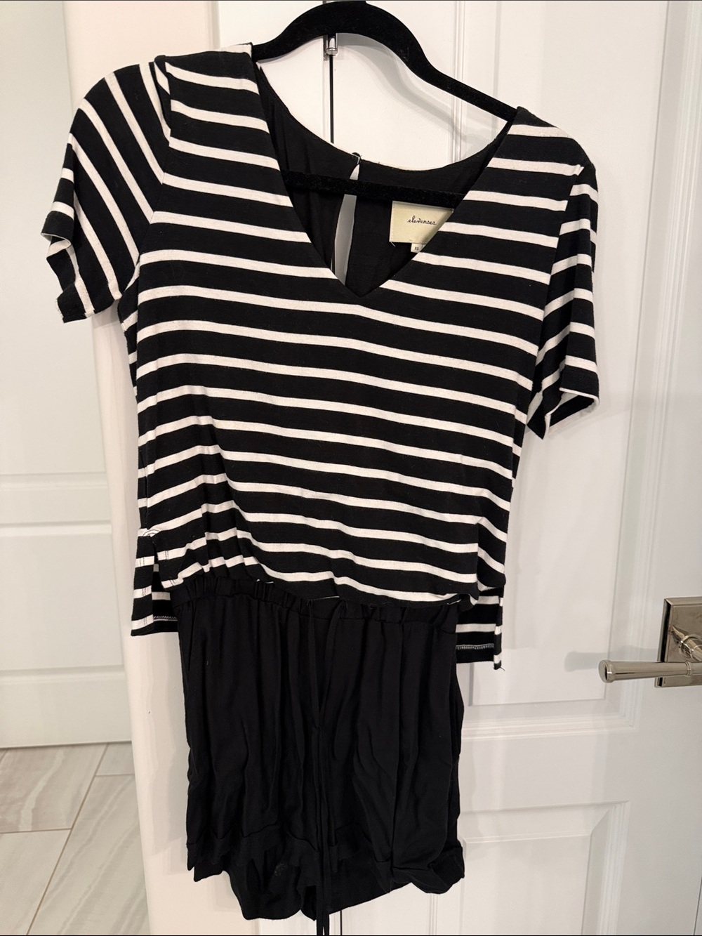 Black and White Striped V-Neck Women’s Romper by Elevens Anthropologie